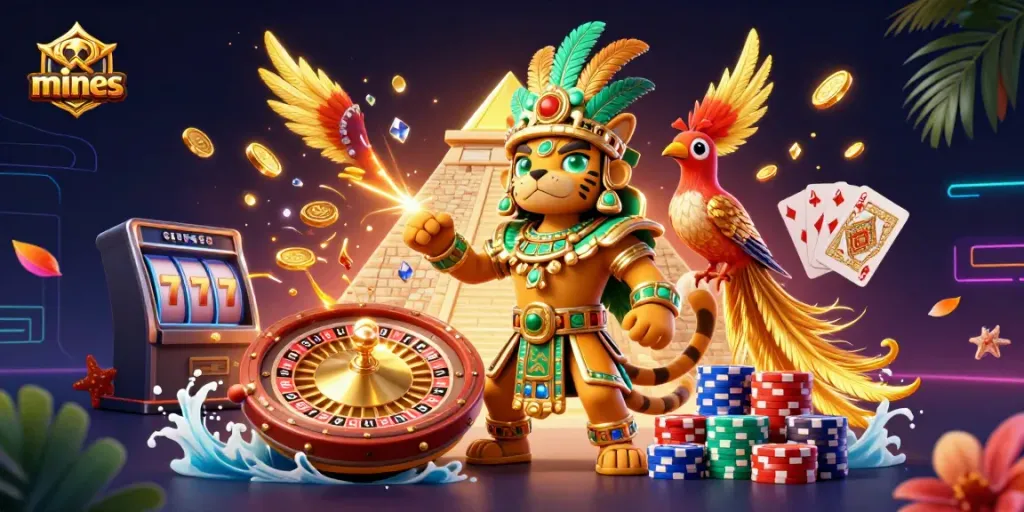 Experience thrilling mines gameplay with a Mayan jaguar priest and colorful casino elements.