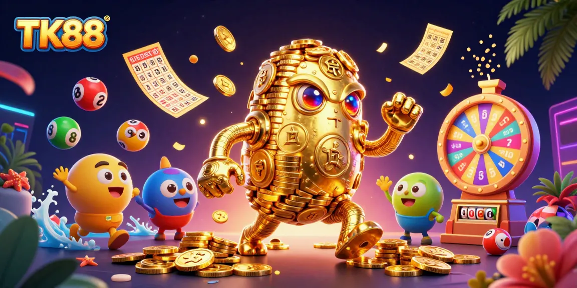 Experience TK88's vibrant gaming action with golden golem and dynamic casino elements.