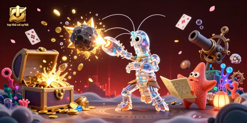 Engage with top nhà cái uy tín as a galactic samurai shrimp battles through gems in a richly illustrated casino-themed scene.