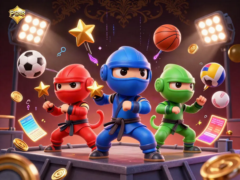 Experience PG88's gaming thrills with a vibrant chameleon ninja team amidst sports action and casino excitement.