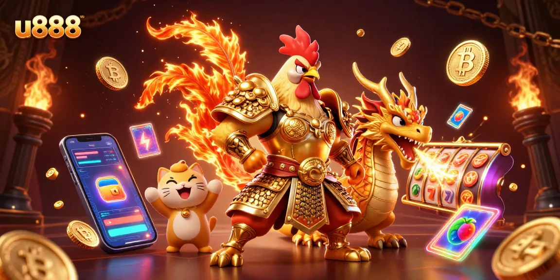 Win big with u888 in a vibrant casino scene featuring a fighting rooster and dragon hatchling.