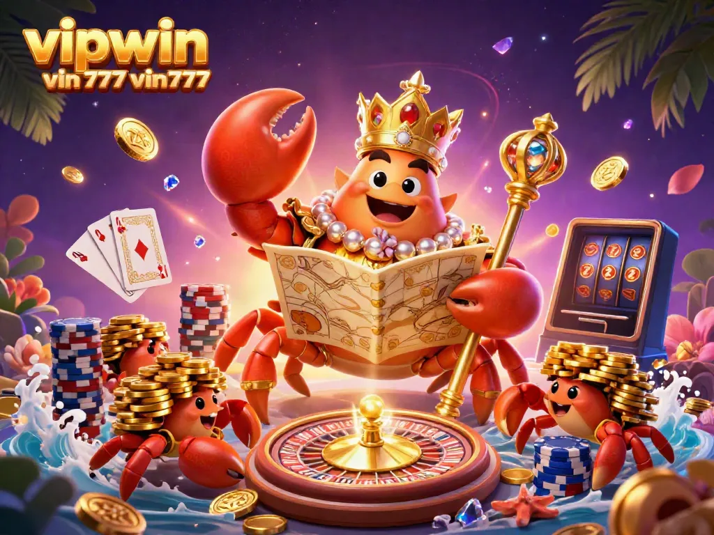 Experience the excitement of vipwin vin777 vin777 with a festive golden crab emperor surrounded by gambling treasures.