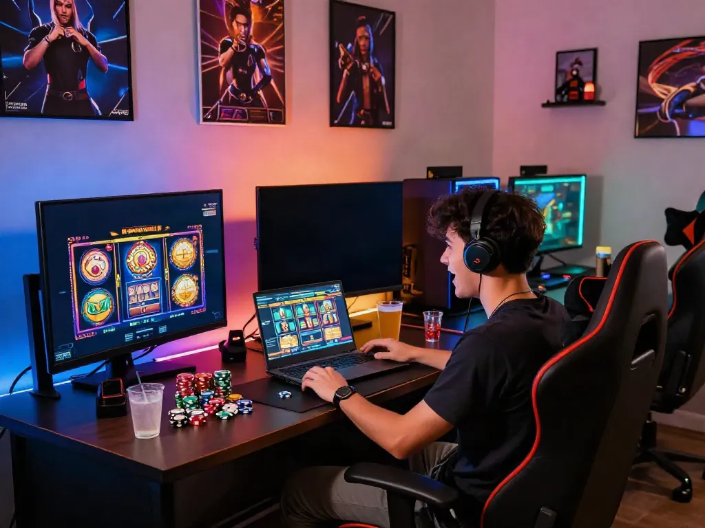 Jogador animado em um ambiente de jogos, desfrutando de Slot Gacor com monitores vibrantes.
