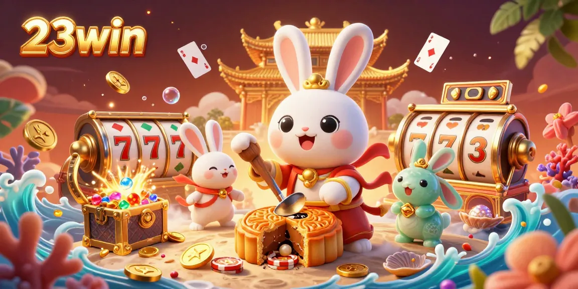 Experience immersive games at 23win, with colorful poker chips exploding from mooncakes.