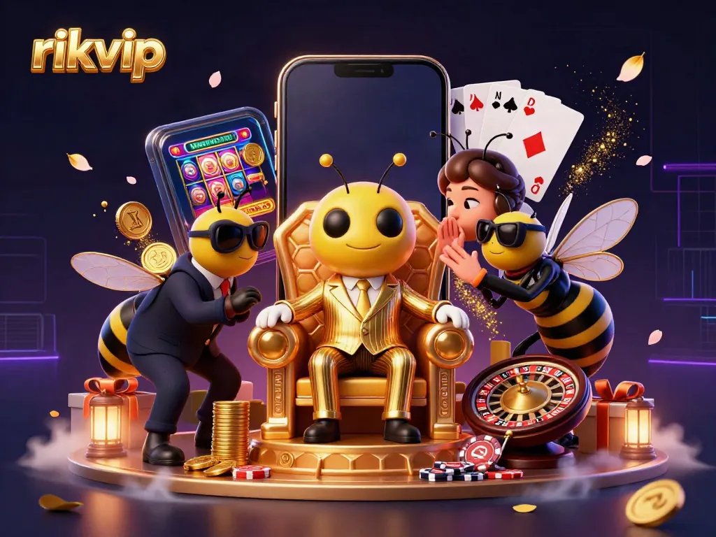 Experience the excitement of rikvip as a bumblebee mob boss, flanked by wasp bodyguards, amidst dynamic casino elements.