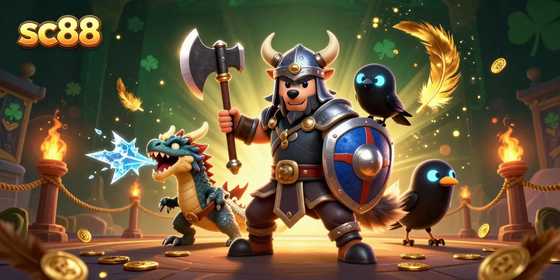 Engage in thrilling gameplay featuring sc88 with a Viking wolf, fierce dragon, and raven in an exciting casino scene.