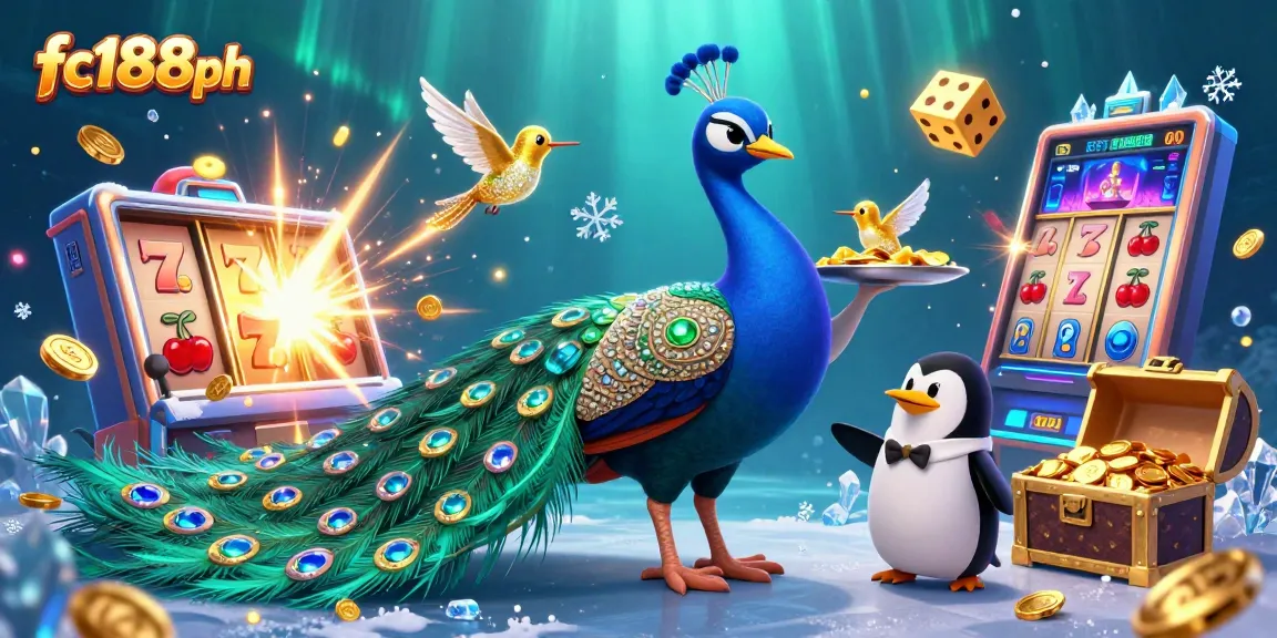 Spin the reels at fc188ph, featuring a vibrant casino scene with peacock and penguin characters.