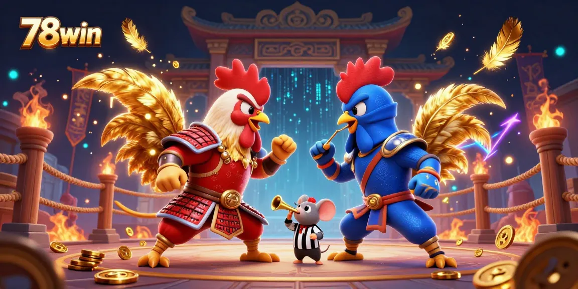 Experience thrilling cockfighting action with 78win's vibrant 3D illustration showcasing dynamic characters and gold coins.