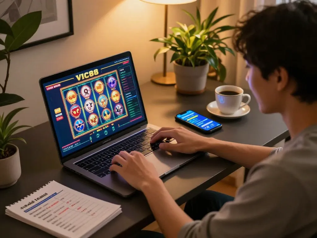 Person engaging with nhà cái VIC88 on online gaming platform from a cozy home setup, showcasing gaming excitement.