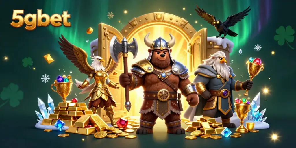 Experience the thrill of 5gbet with a Viking bear and Valkyrie eagle amidst treasure and gaming elements.
