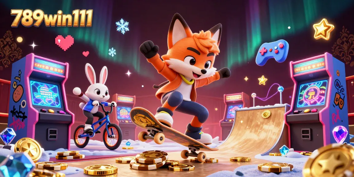 Join the excitement with 789win111 as the skateboarder fox flips over poker chips amidst vibrant gaming elements.