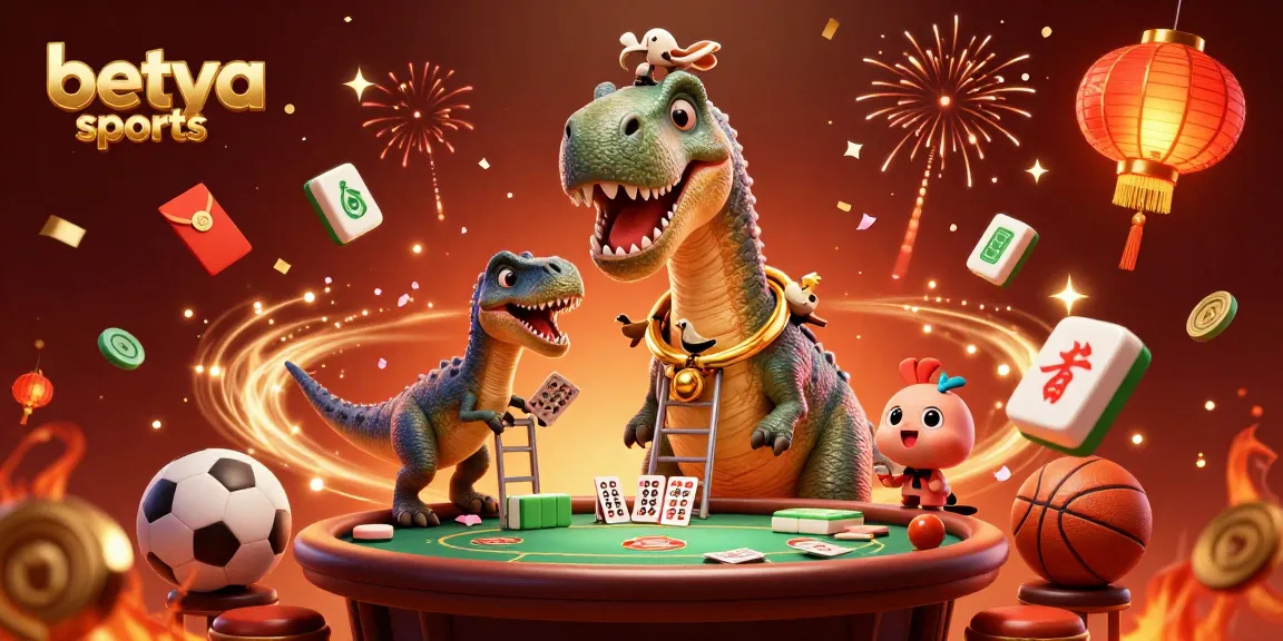 Engage with betya sports in an exhilarating casino atmosphere, highlighted by a playful dinosaur illustration and dynamic game elements.