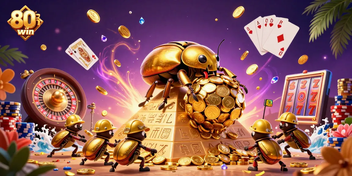Engage with the exciting world of 80win, featuring a golden beetle symbolizing winning chances in a casino.