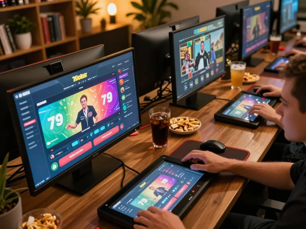 Engaging with the 79club online gaming app in a cozy home setup, showcasing live dealer interaction and snacks.