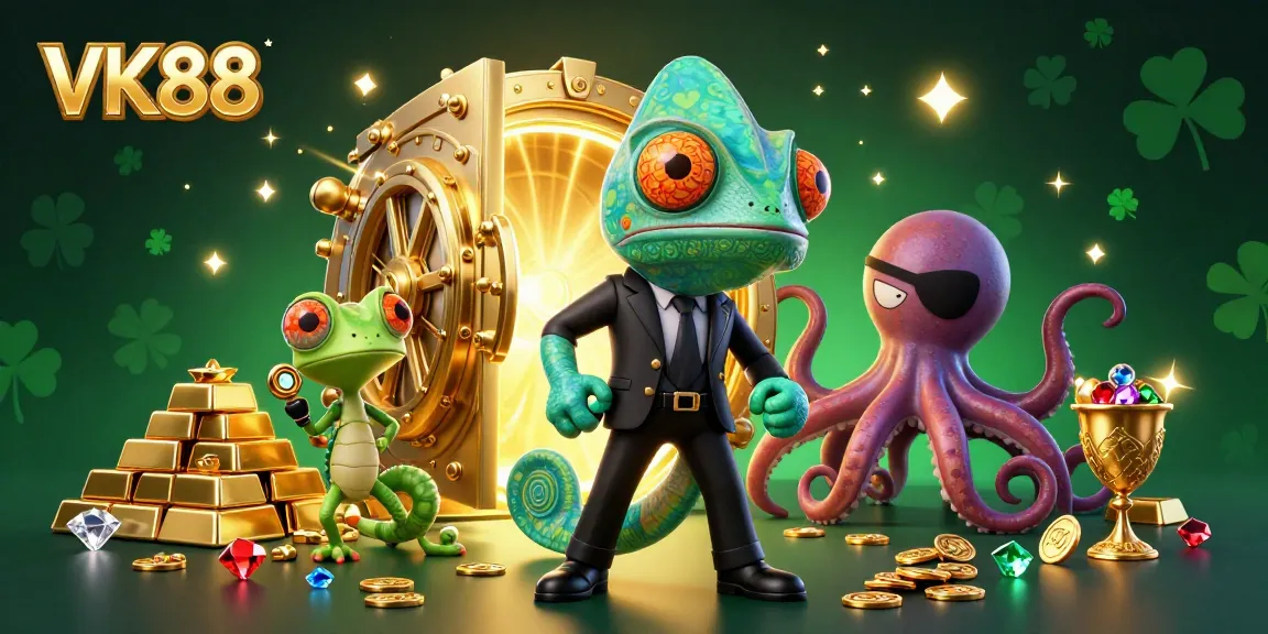 VK88 meets the high stakes with a colorful 3D illustration of a secret agent chameleon and friends.