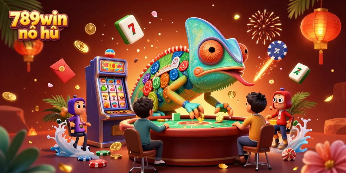 Experience the excitement of 789win nổ hũ with vibrant slot reels and a dynamic chameleon casino owner.