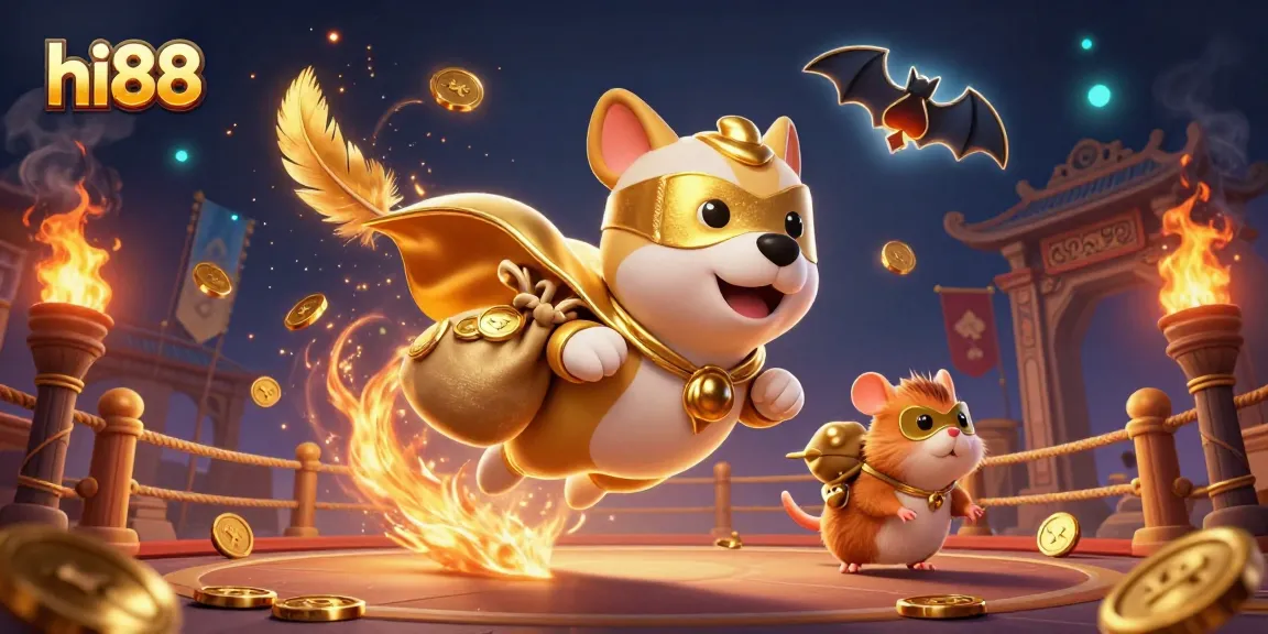 Experience exciting wins with hi88 in this vibrant casino adventure scene featuring a superhero dog.