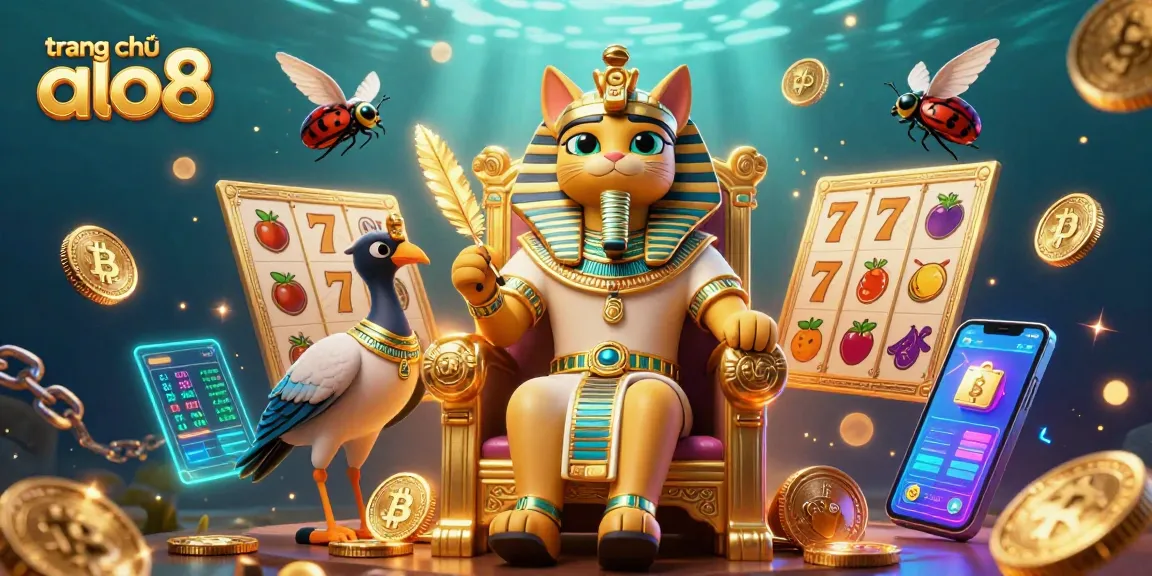 Engage in thrilling gameplay at trang chủ alo8 with the dynamic Egyptian-themed casino illustration featuring vibrant slot reels and golden treasures.