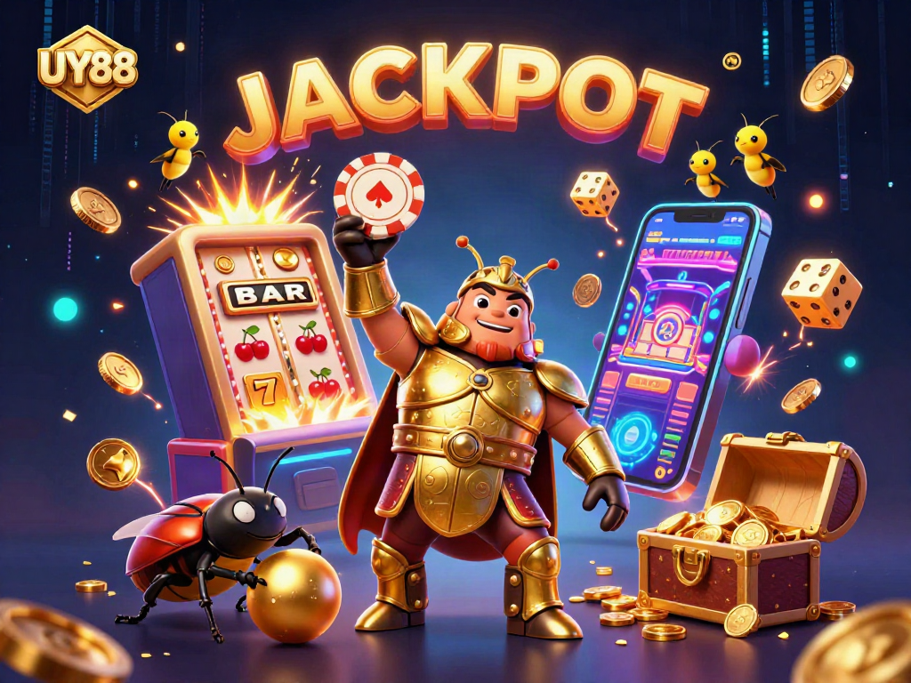 Join the excitement with UY88's jackpot moment featuring 3D hercules beetle in a dynamic casino scene.