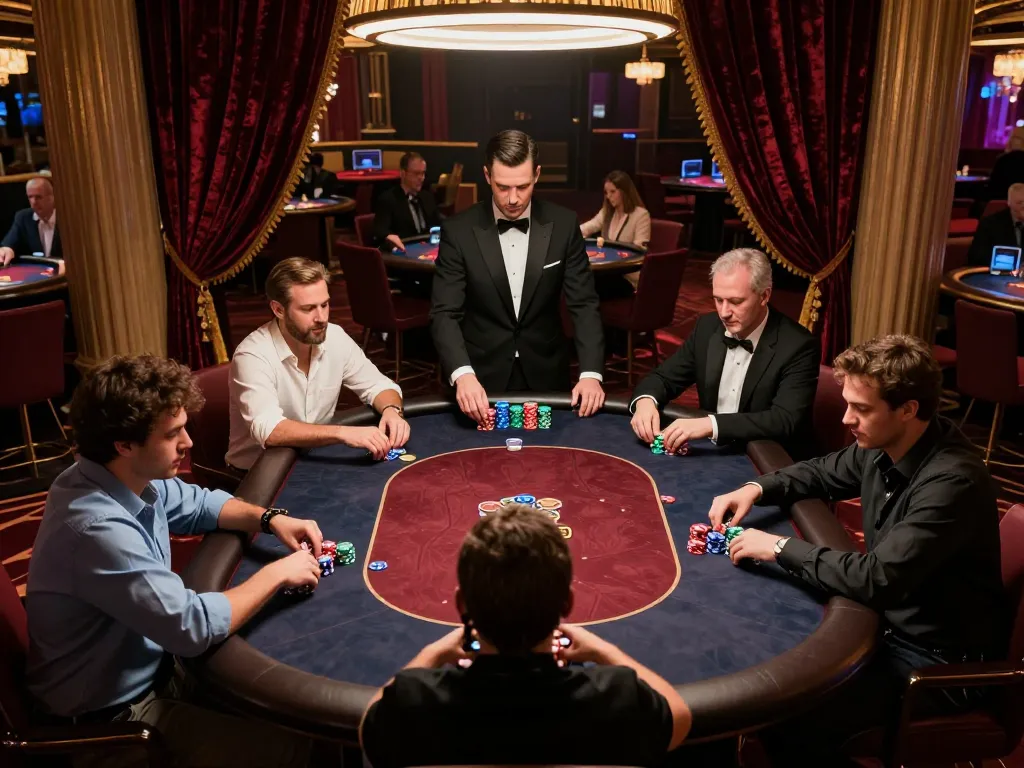 va88 players engaging in a high-stakes poker game at a luxurious casino table with chips.