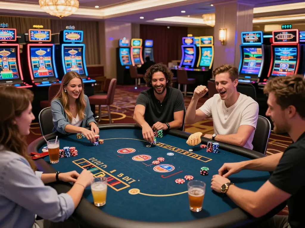 Friends enjoying exciting games at a man88 casino with vibrant lights and fun atmosphere.