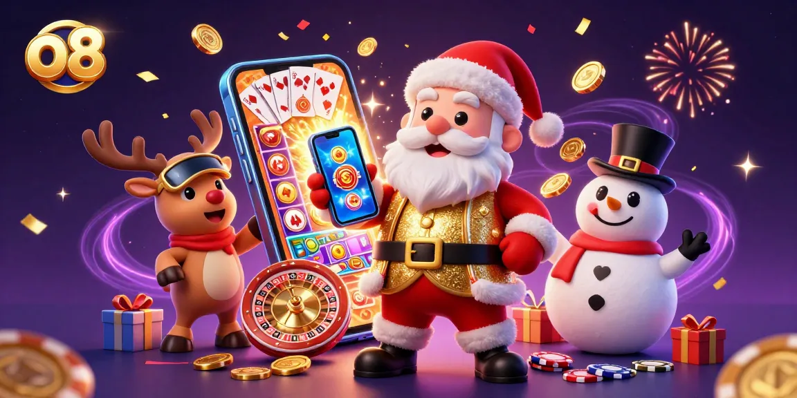 Experience the excitement of o8 as Santa Claus spins jackpot slots with festive friends in a vibrant casino scene.