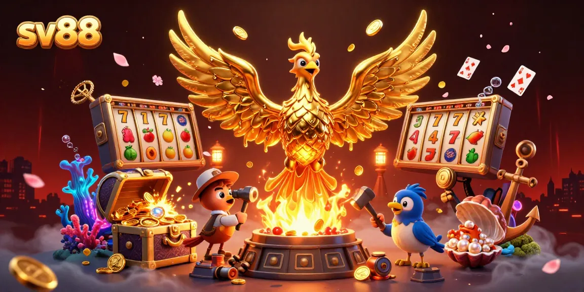 Experience the excitement of sv88 with a golden phoenix and slot elements in a vibrant 3D scene.