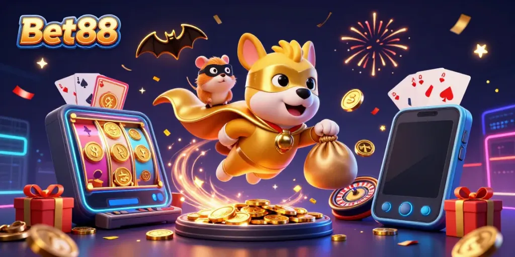 Experience the thrill of Bet88 with a superhero dog and colorful slot game elements in a vibrant casino illustration.