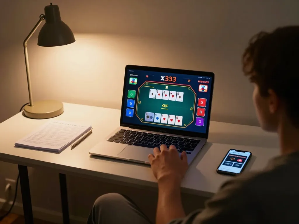 x333 online poker gaming session at home with laptop and smartphone