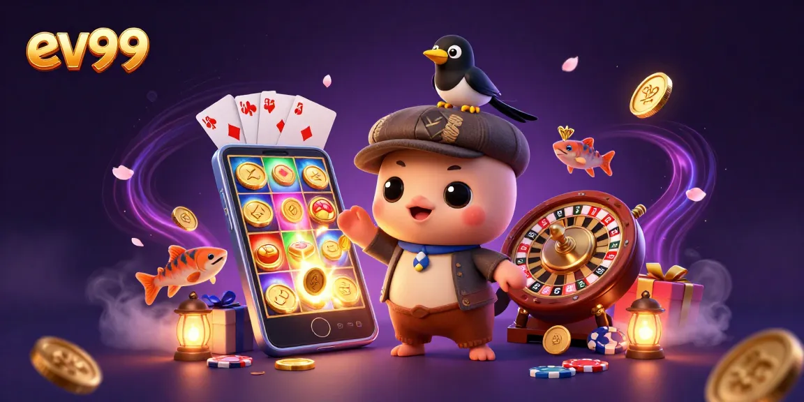 ev99 showcases colorful slot games with golden coins erupting in a vibrant 3D scene