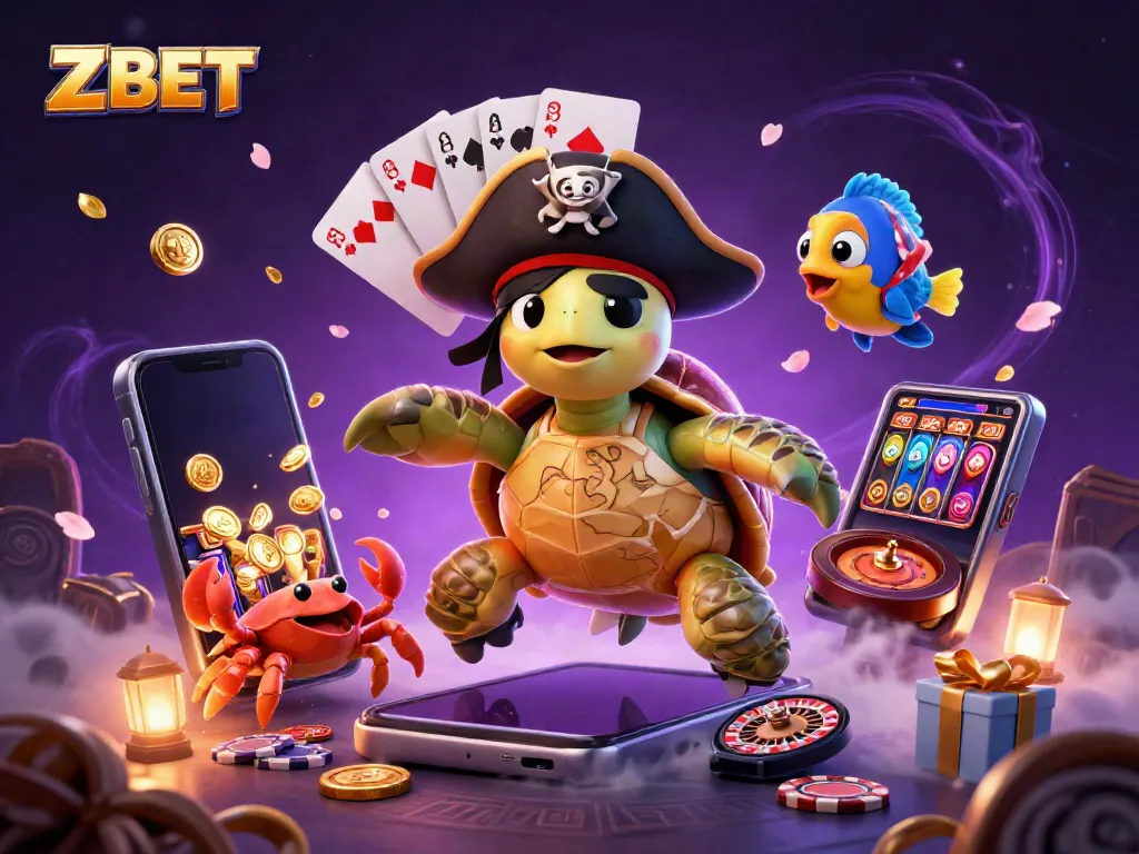 Experience thrilling play at ZBET with a 3D pirate turtle and treasure-filled whimsical casino scene.