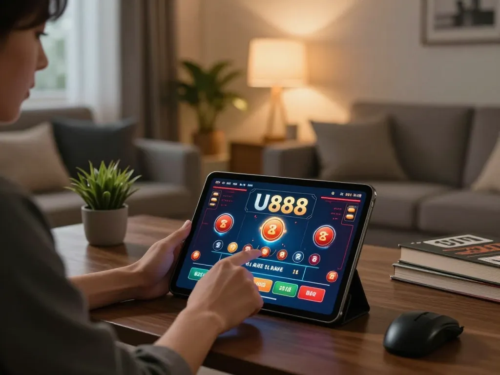 Engaging with U888 online casino interface on a tablet in a cozy living room.