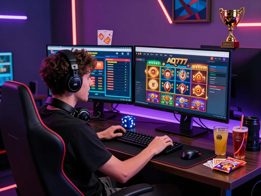 Player gaming on AQ777 platform, immersed in online casino excitement with vibrant display and modern setup.
