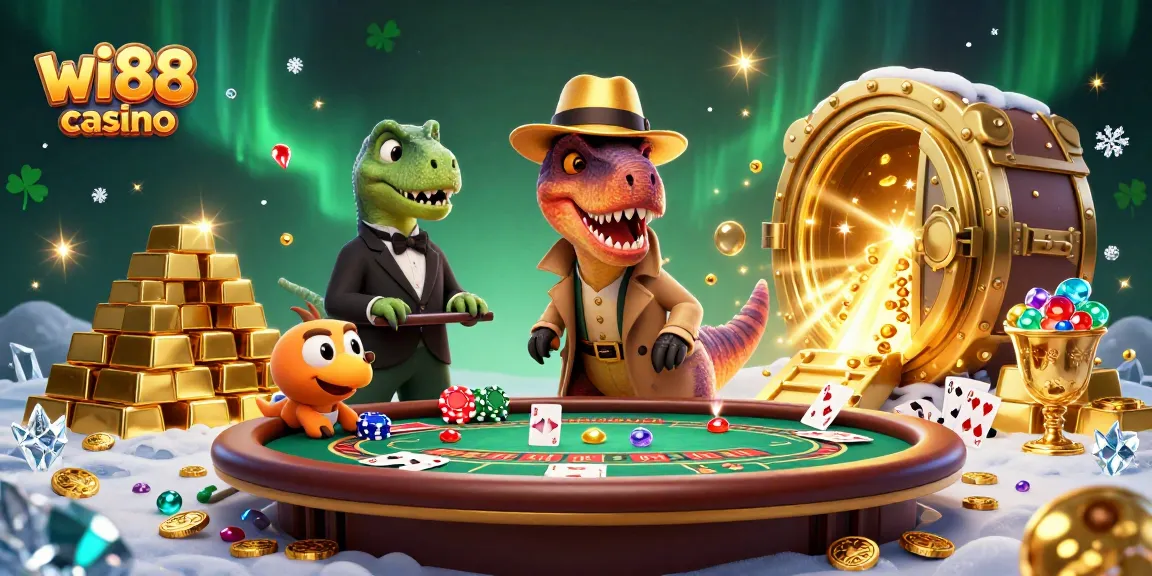 Enter the thrilling world of wi88 casino with a clever velociraptor card counter at a blackjack table, surrounded by treasures.