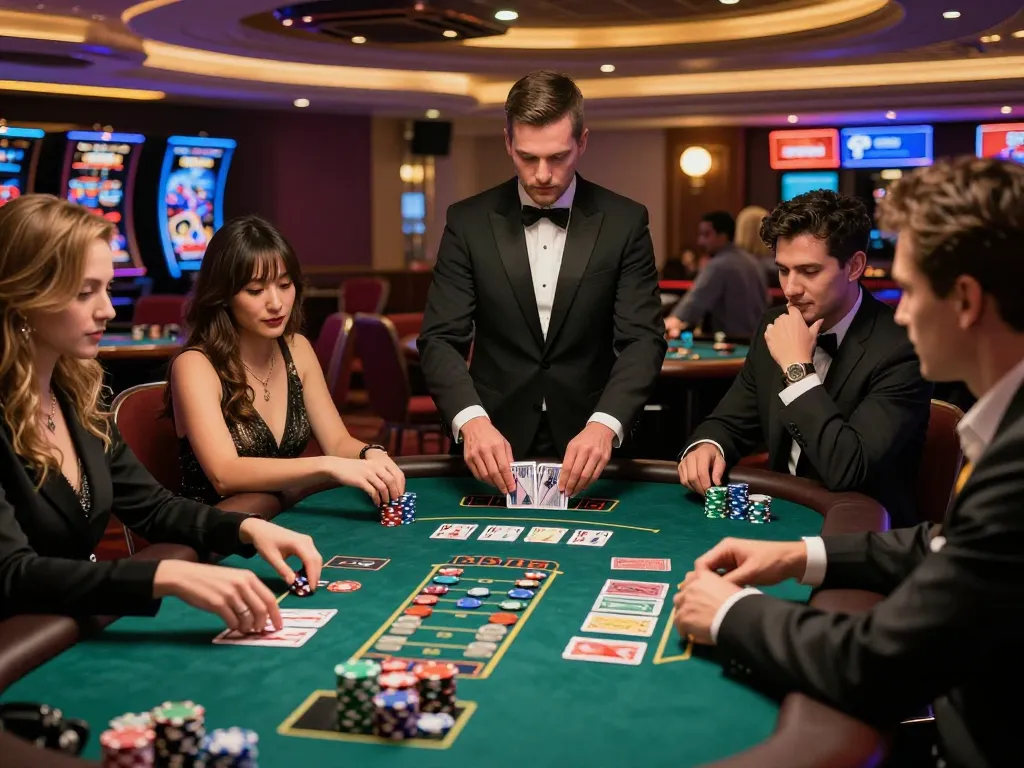 Players engaging at cm88 blackjack table with excited expressions in vibrant casino.