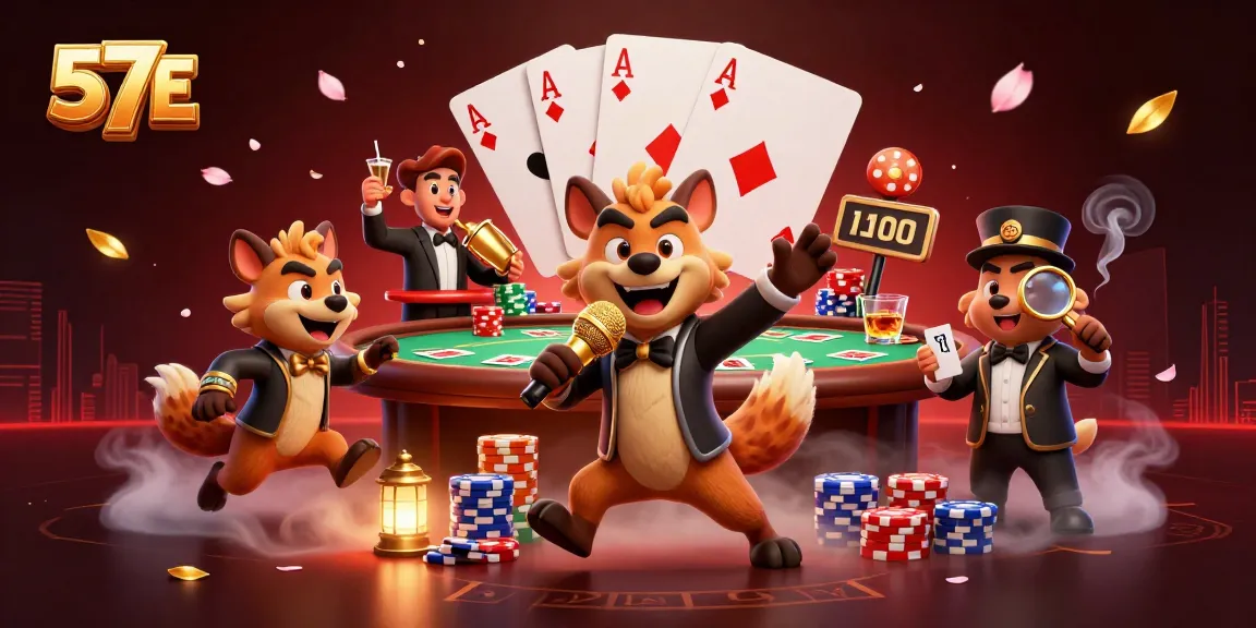 Experience thrilling gameplay at 57E with colorful poker elements and animated hyenas in a vibrant casino scene.