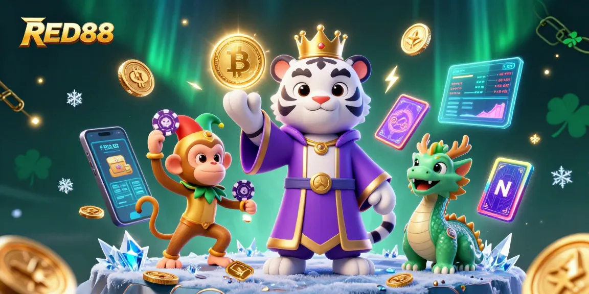 Engage with RED88 in a vibrant 3D illustration featuring a royal tiger, monkey, and jade dragon amidst dynamic gambling elements.