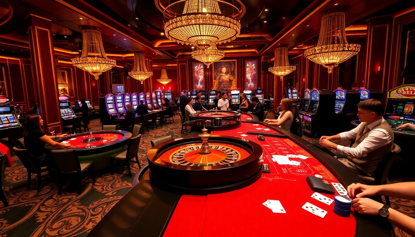 Action-packed scene at Hi88 casino, showcasing players enjoying thrilling table games and slot machines.