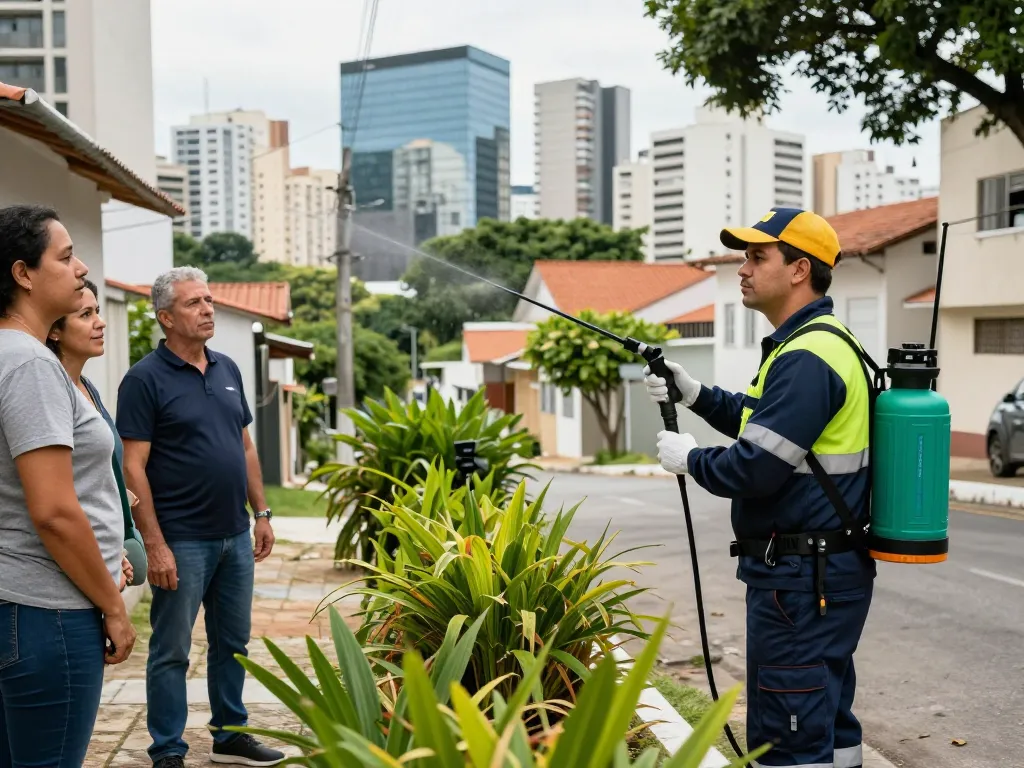 Dedetizadora technician applying pesticide in residential area, showcasing professional pest control services in São Paulo.