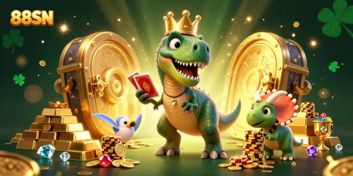 Engage with 88SN's exciting gaming world through a playful scene featuring a dinosaur-themed casino atmosphere.