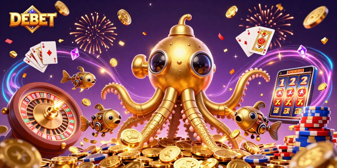 Experience DEBET with exciting casino action, featuring a golden kraken submarine and vibrant gameplay elements.
