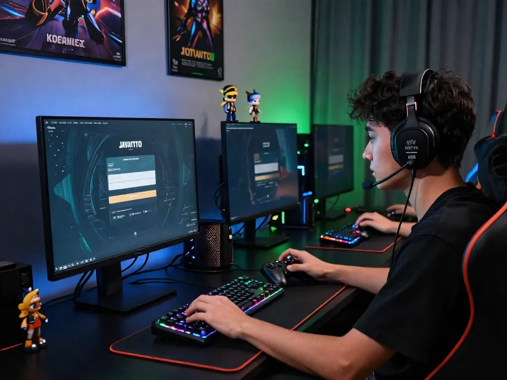 Usuário logando no JAVATOTO em uma mesa de jogos moderna, com iluminação dinâmica e itens de Togel ao fundo.