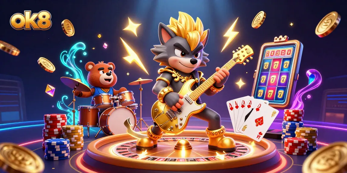 Experience the thrill of ok8 with a rock star wolf and bear drummer in a vibrant casino scene.