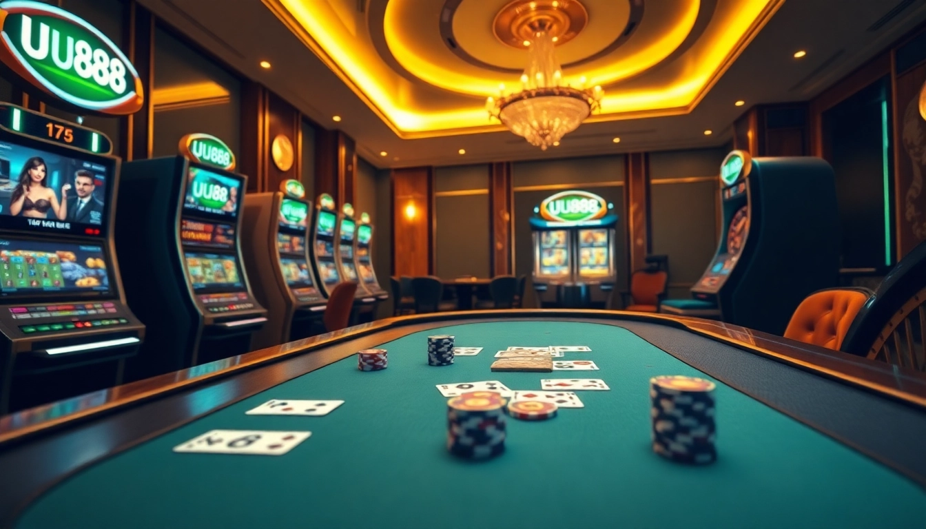 Experience elite gambling action with UU88 at a luxurious casino table, featuring poker and slots.