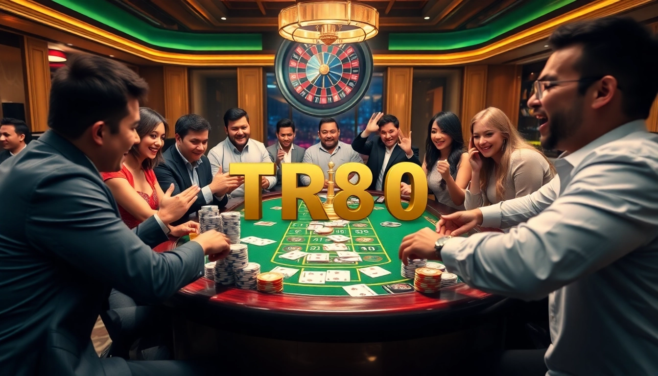 Experience the thrill of gambling at TR88 with a luxurious gaming table and excited players.