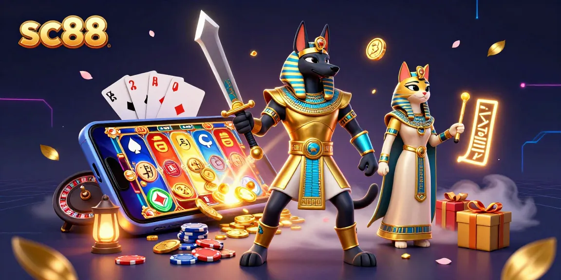 Engage with SC88's vibrant gaming experience featuring Anubis as a jackal warrior and Bastet, showcasing thrilling slot games and exciting casino elements.