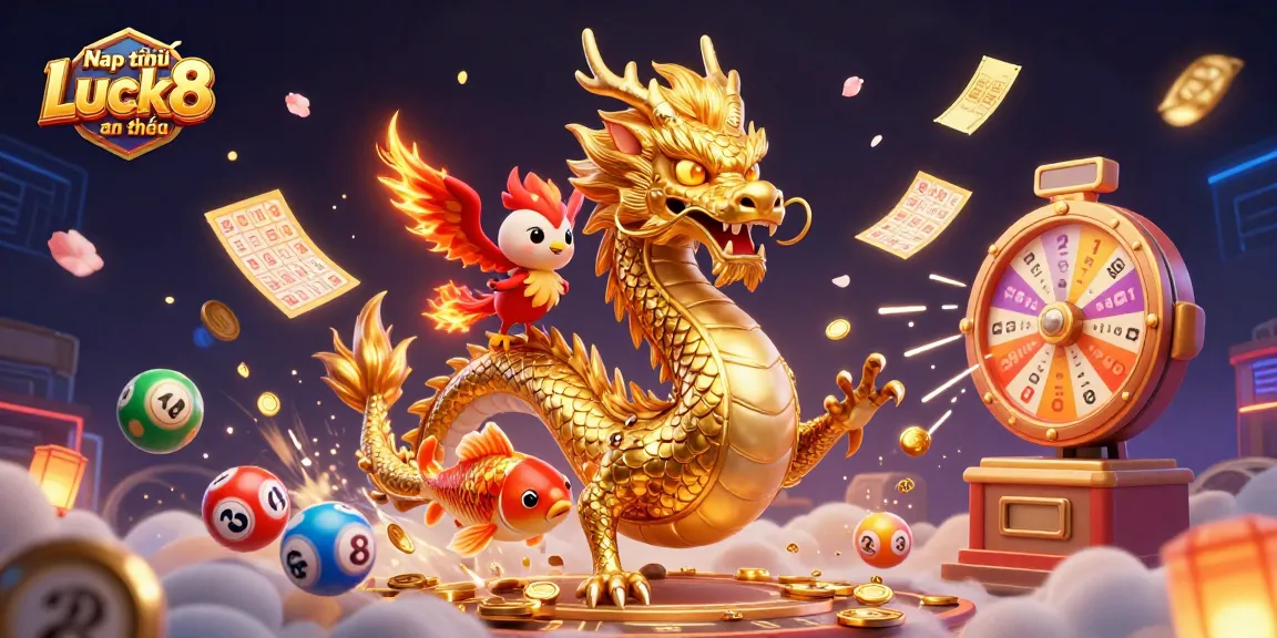 Nạp tiền Luck8 an toàn with a dynamic scene featuring a golden dragon, a red phoenix, and a koi fish amidst casino elements.