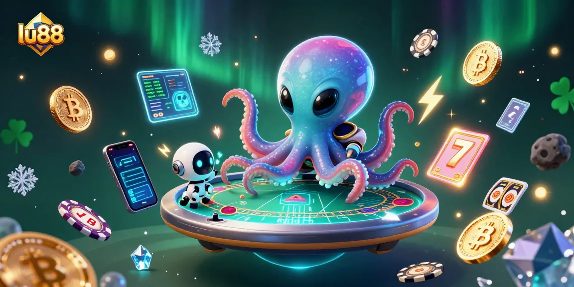 lu88 transforms poker with a vibrant 3D illustration featuring an alien octopus and crypto elements
