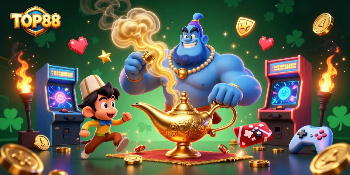Experience the magic of TOP88 with a vibrant scene of a genie, monkey, and poker chips in a dazzling casino.