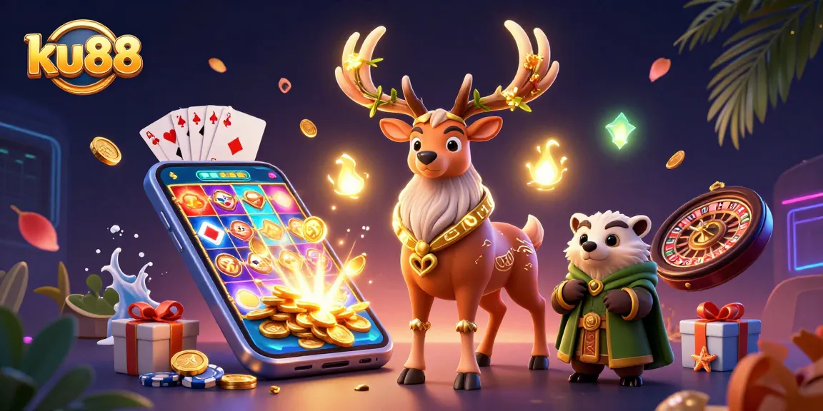 ku88 features a vibrant scene with a Celtic druid stag, badger, and gaming elements.